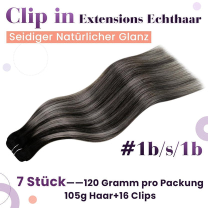 Echthaar Clip-in Extensions Schwarz Balayage Ombre Silber 45cm