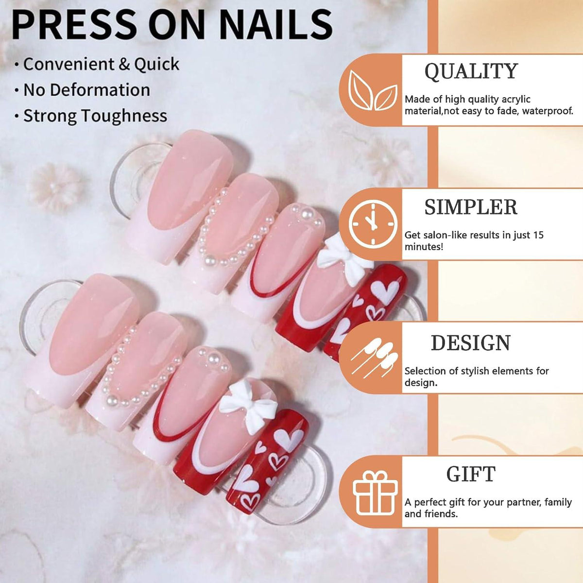 Französische Nagel-Druckplatten Rot/Weiß 24 Stück Heart Charms GlamRays