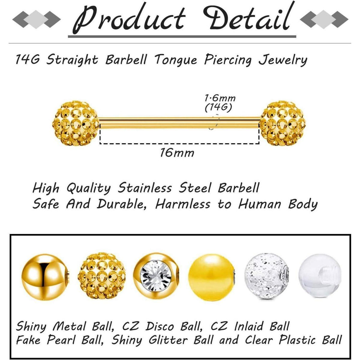 Zungenpiercing Set 6 Stück Chirurgenstahl 16mm 14G mit Kugeln
