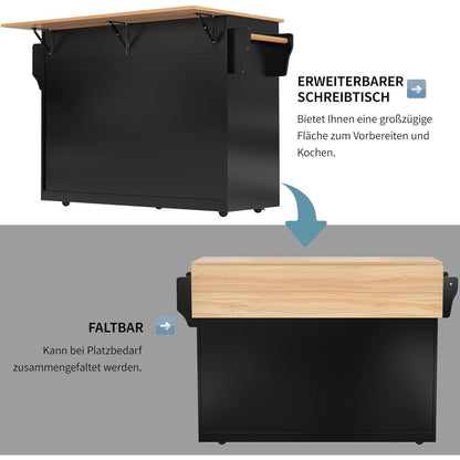 DRIXNO Kücheninsel mit Klappplatte & Rollen – Schwarz