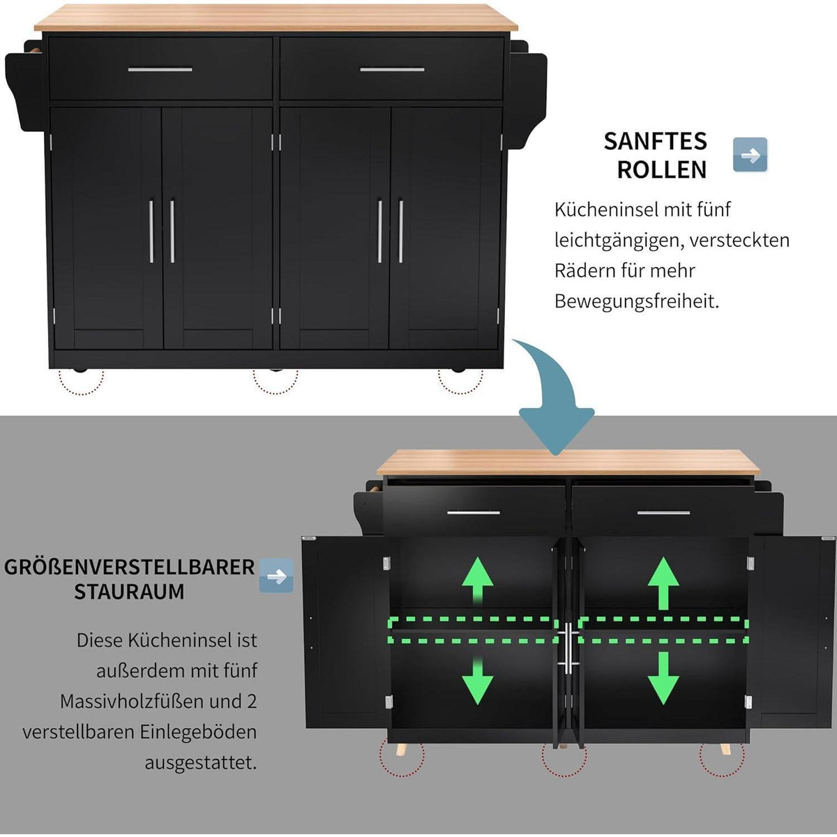DRIXNO Kücheninsel mit Klappplatte & Rollen – Schwarz