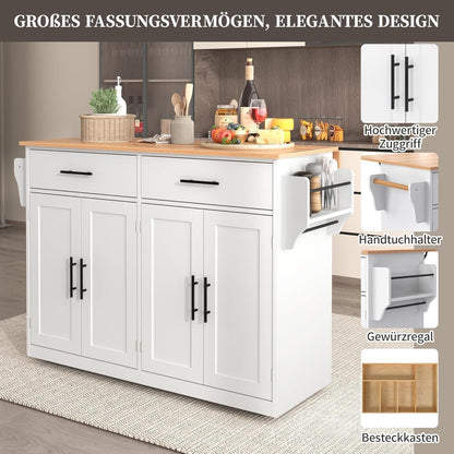 Kücheninsel mit Klappplatte & Rollen – Weiß, 120x46x91 cm