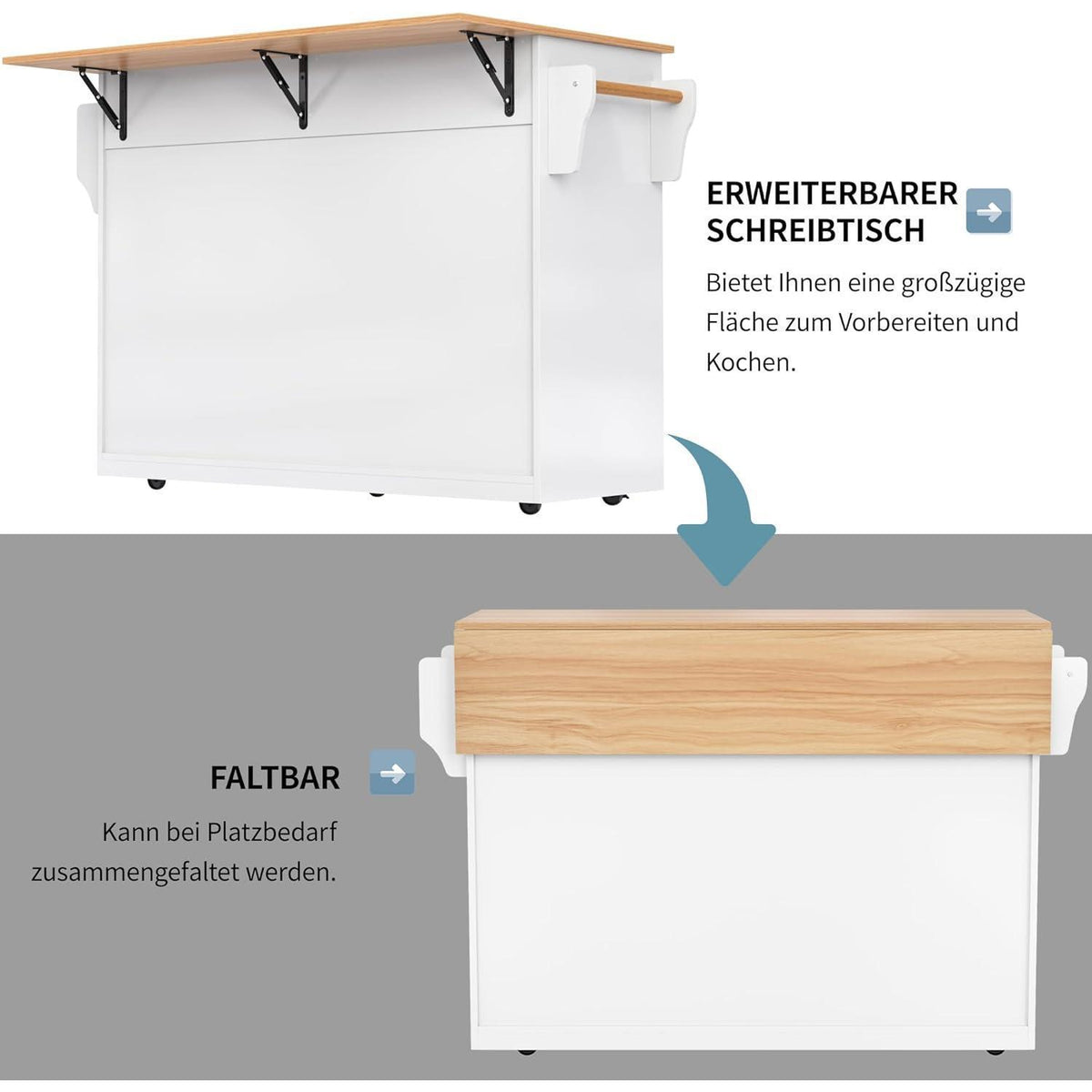 Kücheninsel mit Klappplatte & Rollen – Weiß, 120x46x91 cm