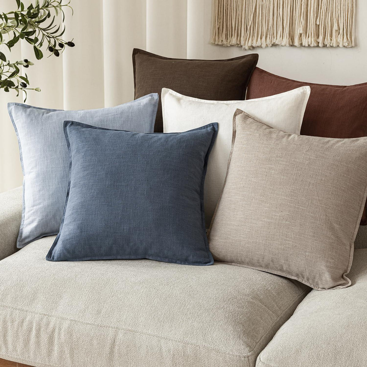 Leinen Kissenbezüge 2er Set Himmelblau 45x45 cm Boho Deko