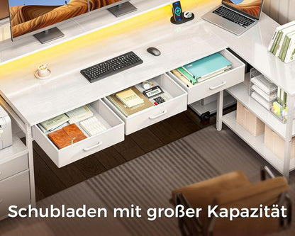 Coleshome Schreibtisch L Form mit Schubladen 175x100cm LED