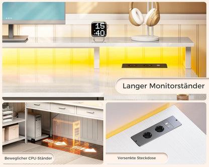 Coleshome Schreibtisch L Form mit Schubladen 175x100cm LED