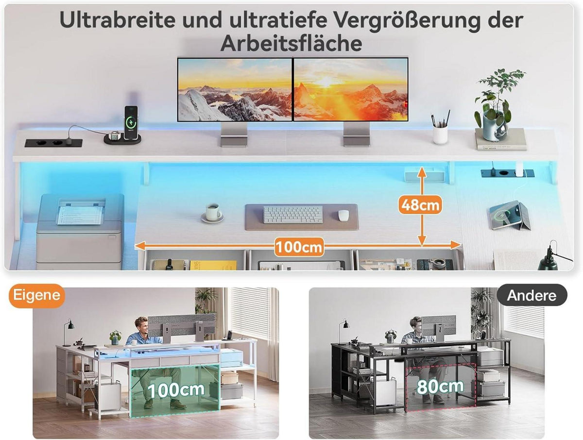Gaming Schreibtisch mit LED RGB Beleuchtung Schubladen L Form USB