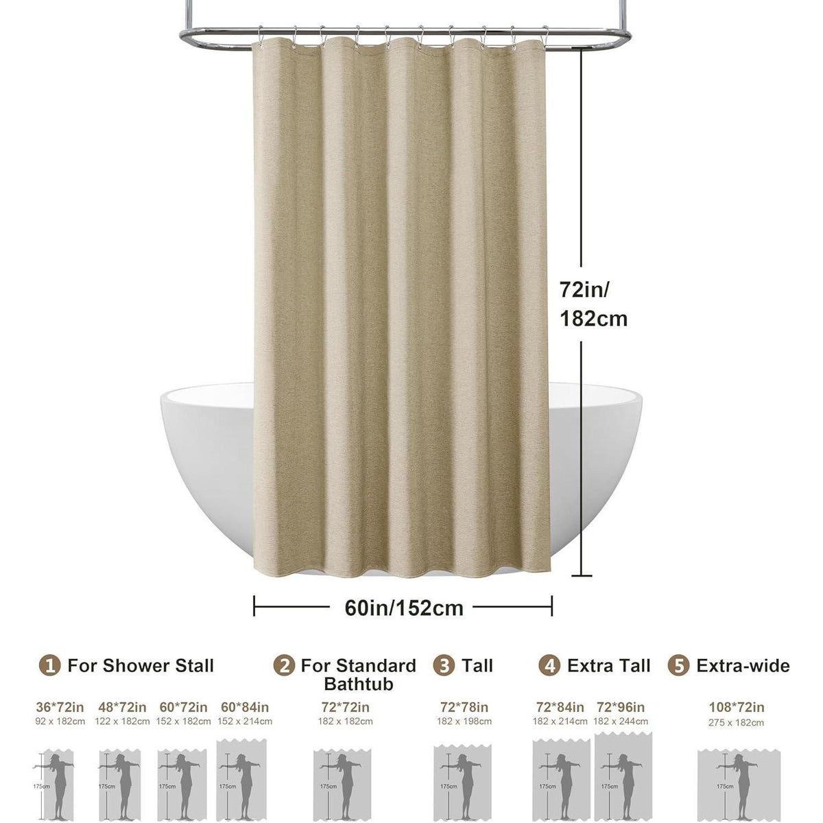 Leinen Duschvorhang wasserdicht Taupe 152x182cm mit Haken