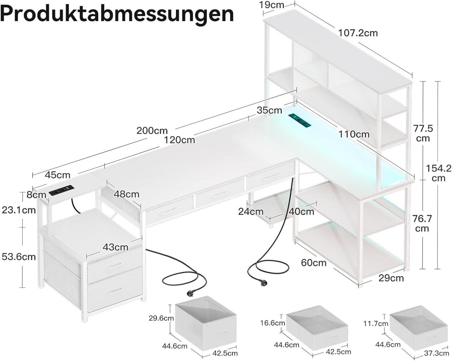 Eckschreibtisch LED USB Steckdosen 200×110cm Homeoffice