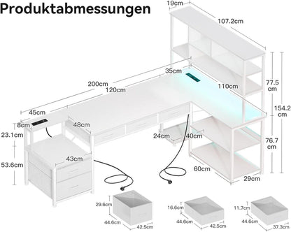 Eckschreibtisch LED USB Steckdosen 200×110cm Homeoffice