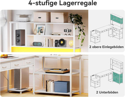 Eckschreibtisch LED USB Steckdose Schubladen Regale Weiß 200×110cm
