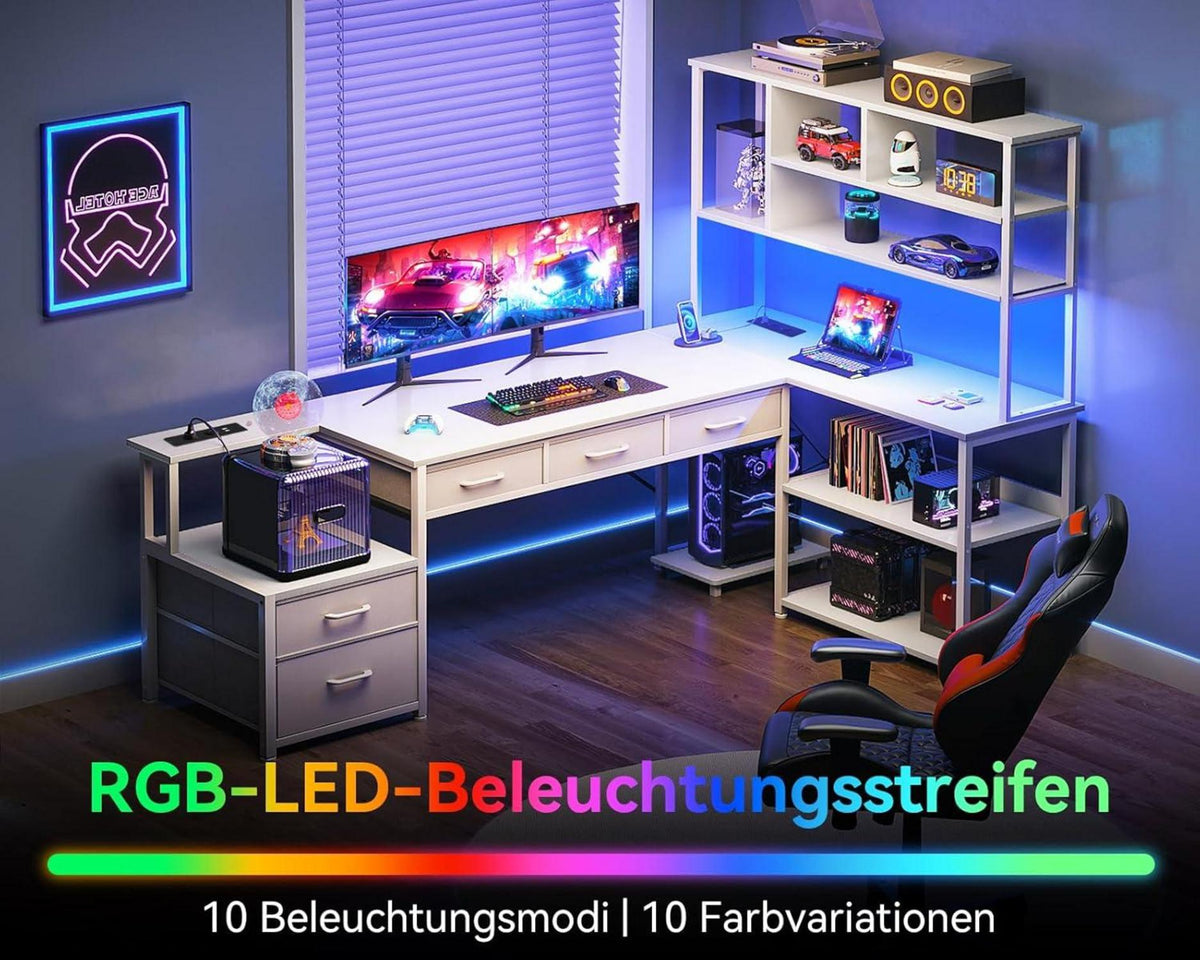 Eckschreibtisch LED USB Steckdosen 5 Schubladen 4 Regale 200×110cm