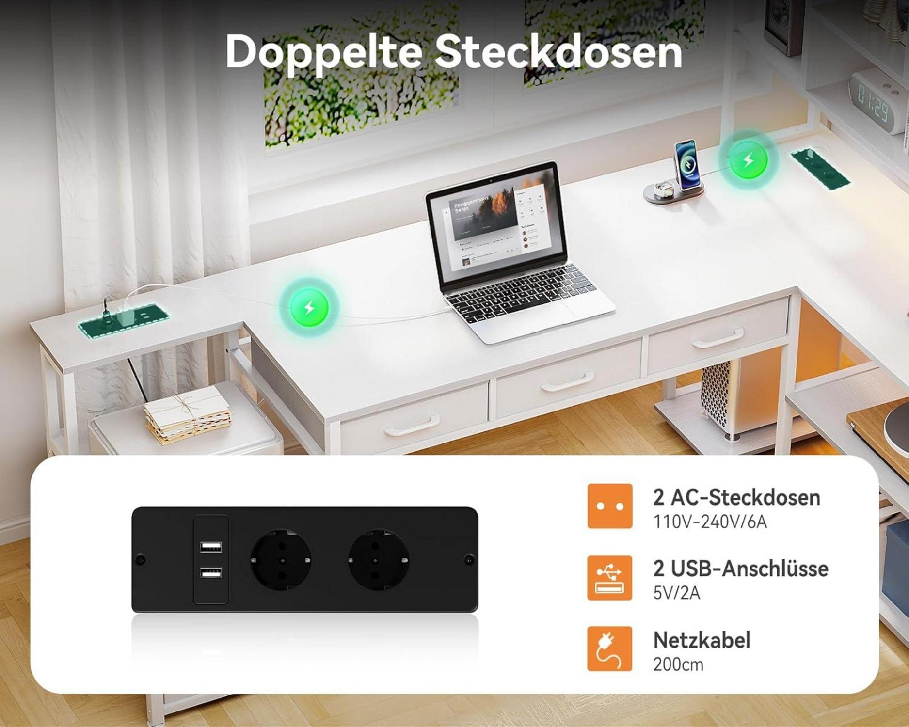 Eckschreibtisch L-Form LED USB 200x110 Weiß 5 Schubladen 4 Regale