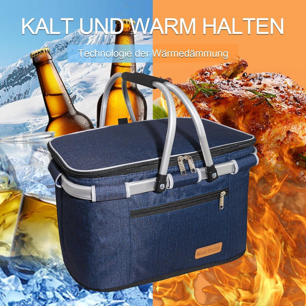 34L Kühltasche Einkaufskorb – Isolierter Picknickkorb Navy Blau