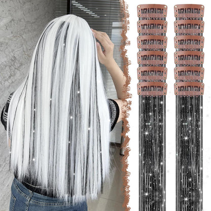 Glitzer Haarsträhnen Set Schwarz-Glitzer – 12 Farben