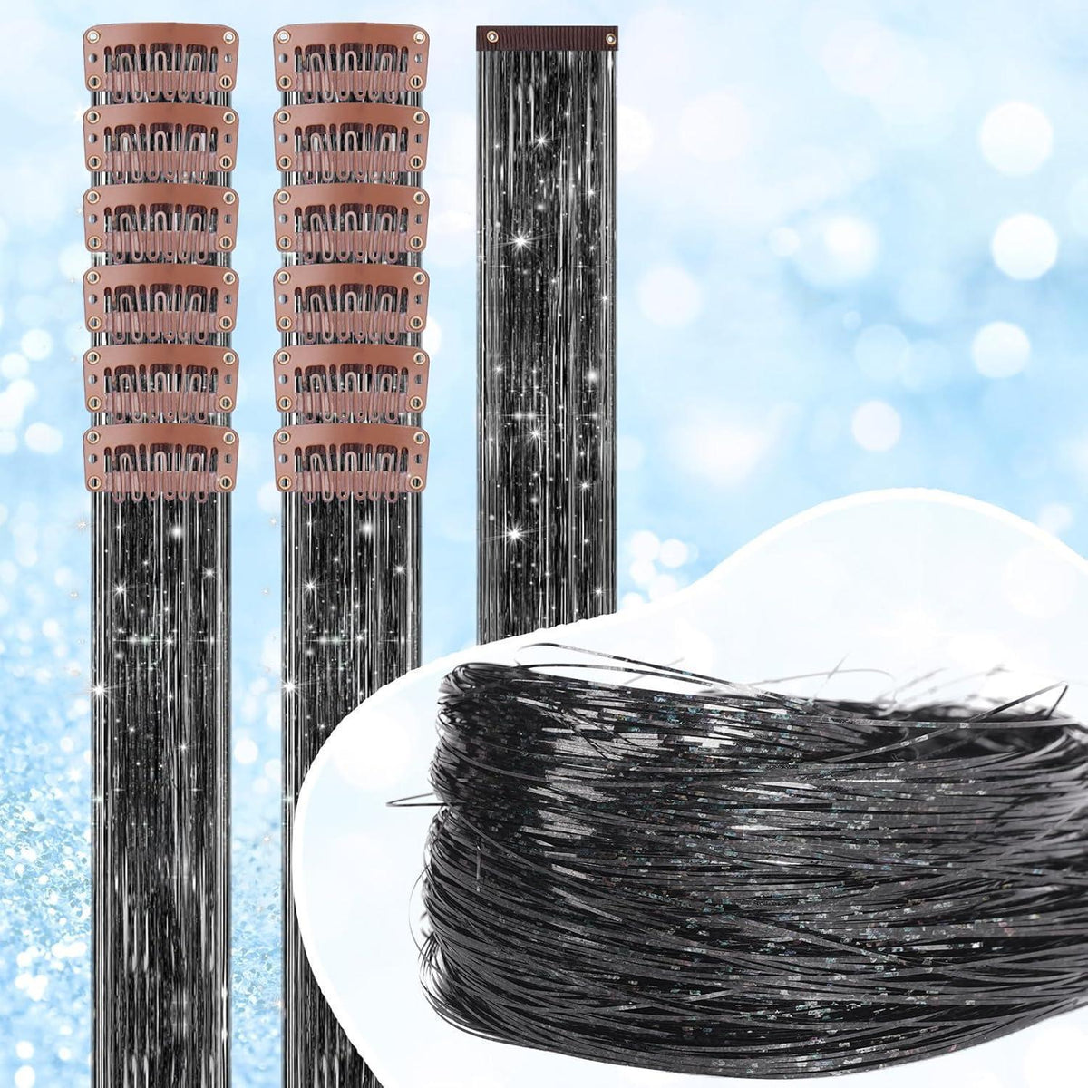 Glitzer Haarsträhnen Set Schwarz-Glitzer – 12 Farben