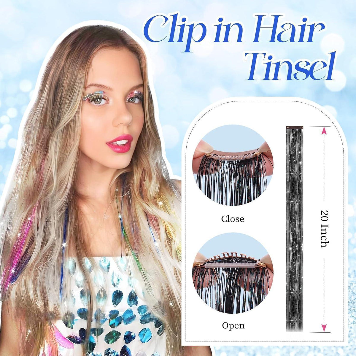 Glitzer Haarsträhnen Set Schwarz-Glitzer – 12 Farben