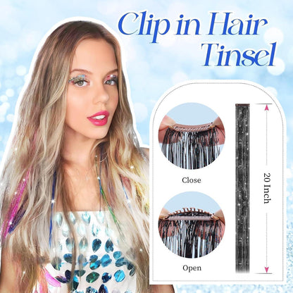 Glitzer Haarsträhnen Set Schwarz-Glitzer – 12 Farben