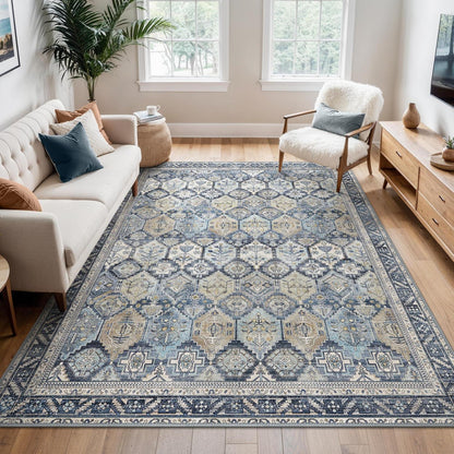 Vintage Teppich Wohnzimmer 200x290cm Blumenblau Rechteckig