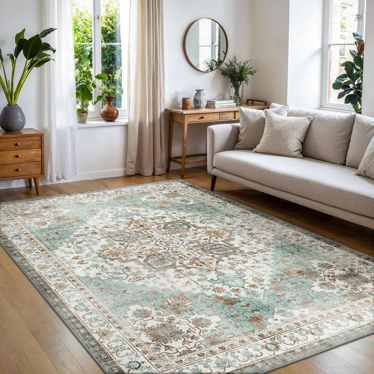Vintage Teppich Waschbar 200x290cm Hellgrün