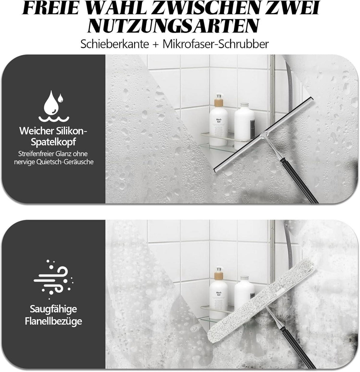 Duschabzieher Langstielig Teleskopstange Schwarz Fensterputzer
