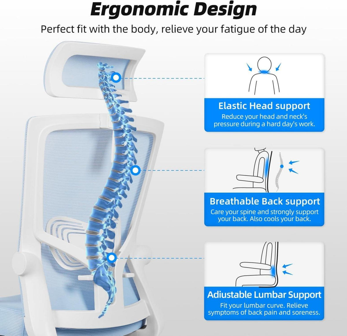 Ergonomischer Bürostuhl mit Wippfunktion, Kopf- und Lendenwirbelstütze - 150kg Tragkraft