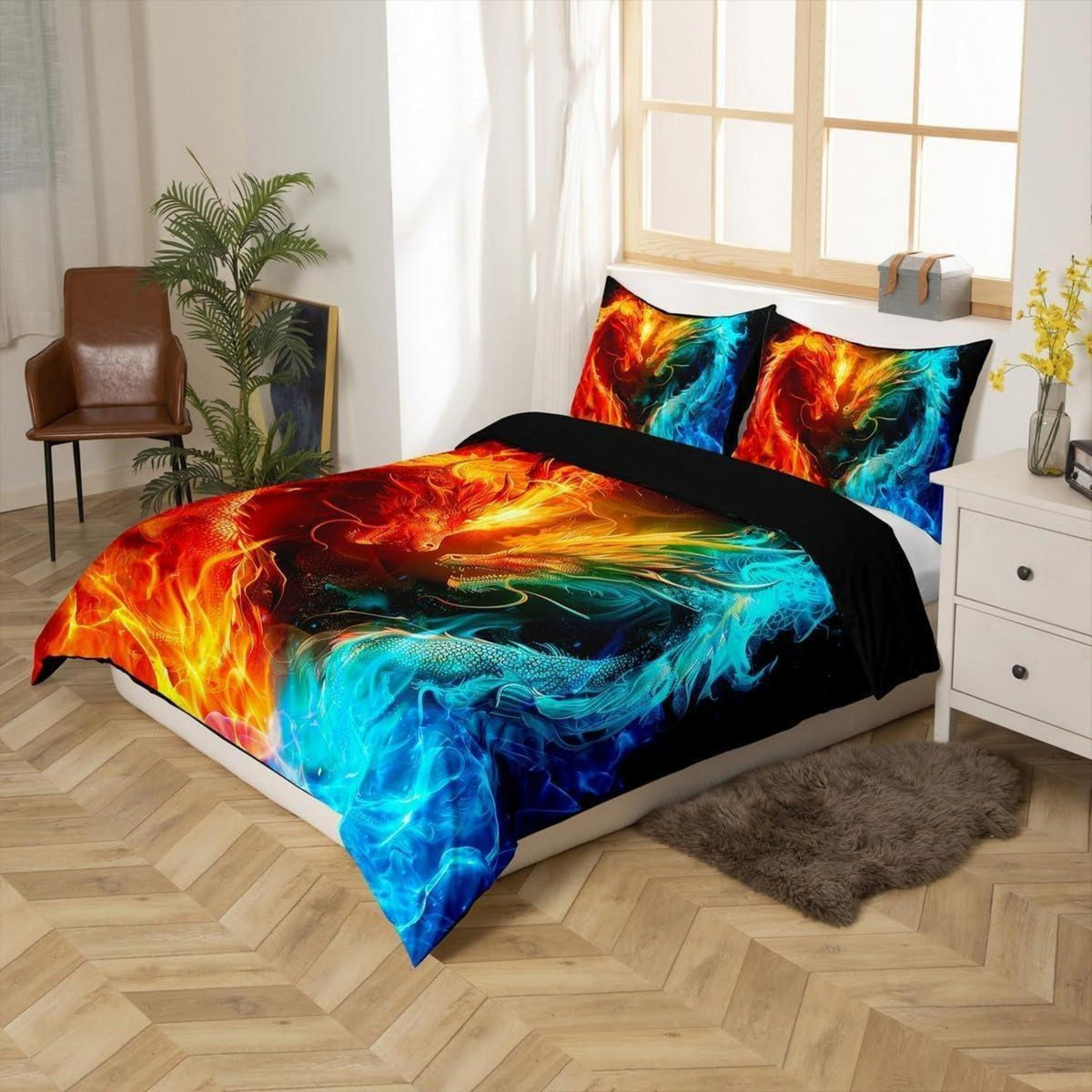 Kinder Bettwäsche Set Drache 135x200cm - Gelb Blau