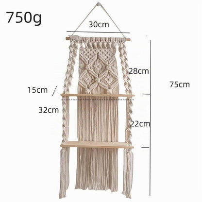Makramee Wandregal Boho Doppelschicht 30x75cm Naturholz Baumwolle