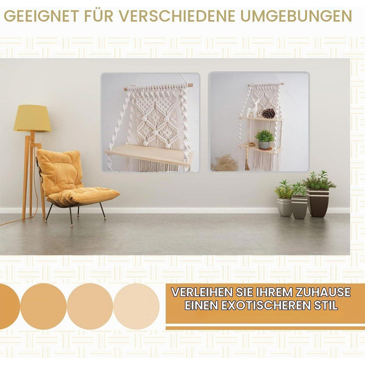 Makramee Wandregal Boho Doppelschicht 30x75cm Naturholz Baumwolle