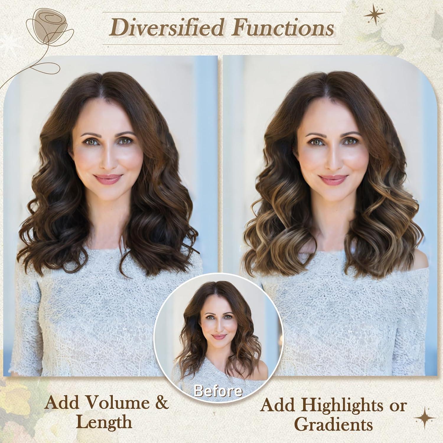 Kurze Wellige Clip-in Extensions 30cm Haarverlängerung 6PCs - Dunkel Braun Highlights