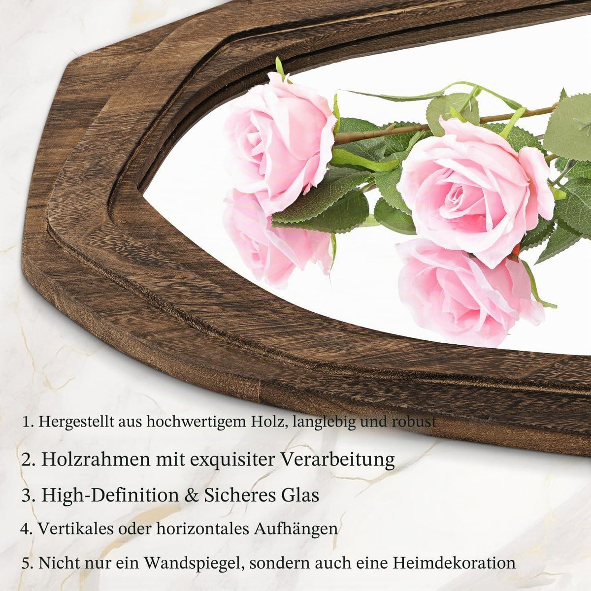 Asymmetrischer Wandspiegel mit Holzrahmen – 70x45 cm Retro Braun