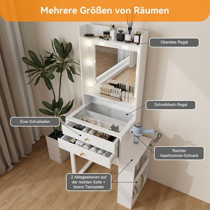 Schminktisch LED-Beleuchtung Schubladen Seitenschrank Gläsplatte