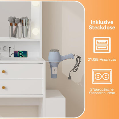 Fullwatt Schminktisch mit LED-Beleuchtung und Steckdose, Kosmetiktisch mit Spiegel, 2 Schubladen, 1 Seitenschrank, Einstellbare Helligkeit, Glasplatte