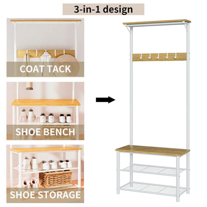 Holz Garderobenständer mit Sitzbank & Schuhregal Weiß