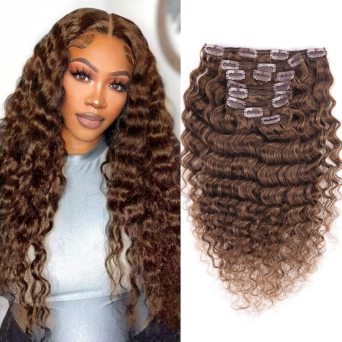 Deep Curly Echthaar Clip-Ins Dunkelbraun 50cm Haarverlängerung