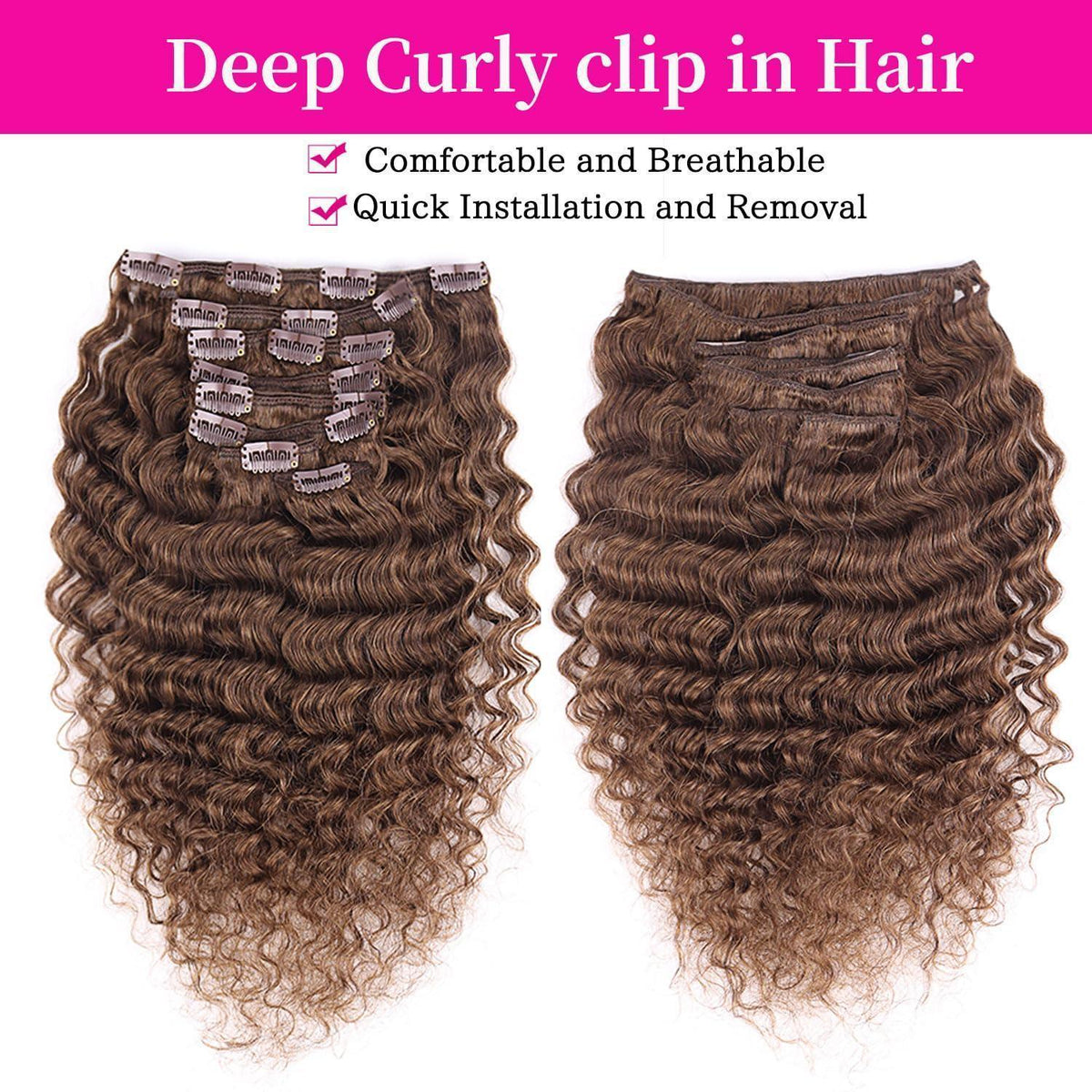Deep Curly Echthaar Clip-Ins Dunkelbraun 50cm Haarverlängerung