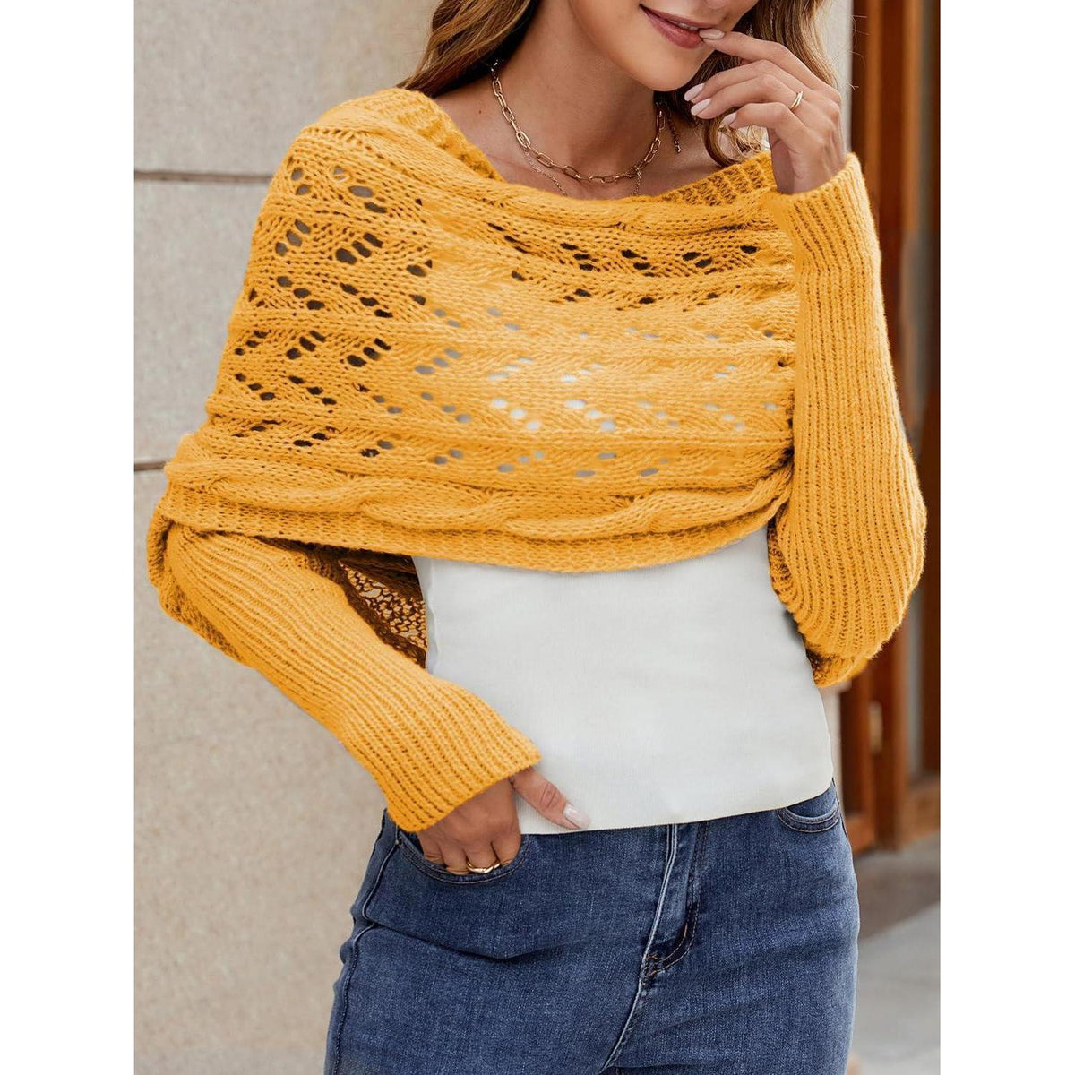 Schal mit Ärmeln Damen – Warmer Poncho Einheitsgröße Gelb