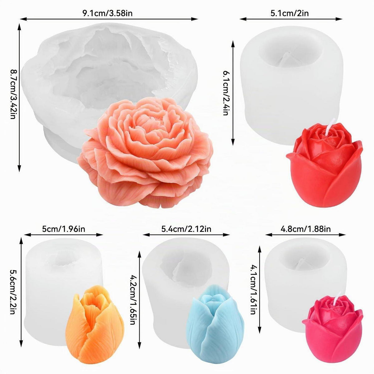 Silikonform 5er Set Blumen | Rosen, Tulpen, Pfingstrose für Kerzen