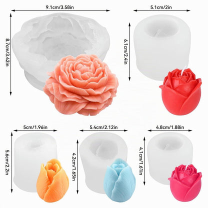 Silikonform 5er Set Blumen | Rosen, Tulpen, Pfingstrose für Kerzen