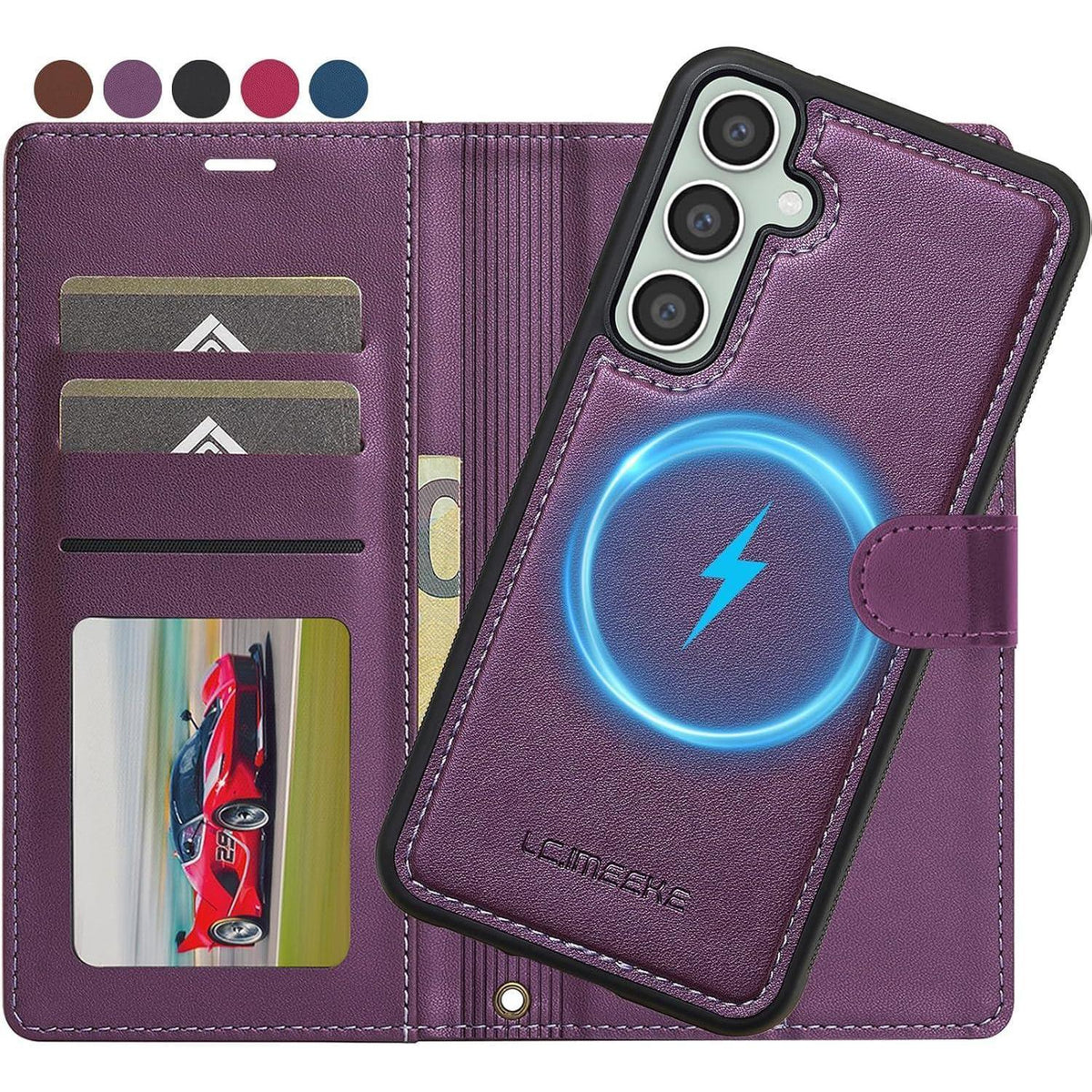 Samsung Galaxy A14 5G/4G Hülle mit Kartenfach & RFID-Schutz, abnehmbar, lila in Lederoptik