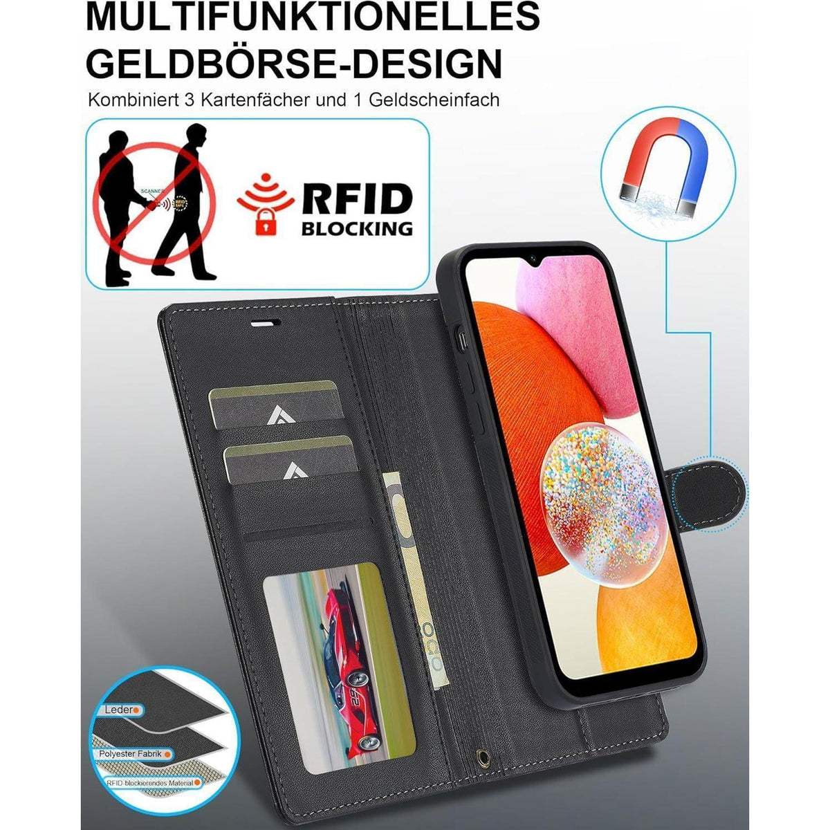 Abnehmbare Hülle mit Kartenfach für Samsung Galaxy A14 5G/4G, Schwarz in Lederoptik