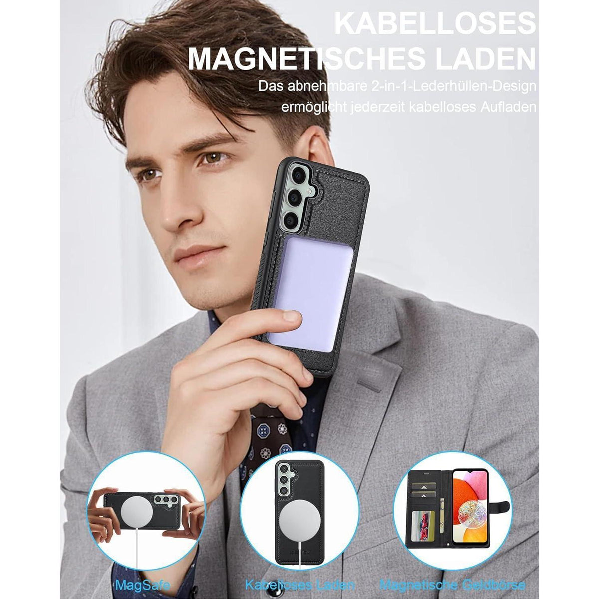 Abnehmbare Hülle mit Kartenfach für Samsung Galaxy A14 5G/4G, Schwarz in Lederoptik