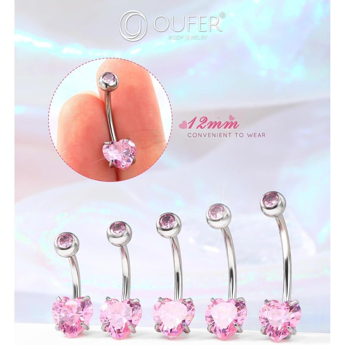 Bauchnabelring Herz mit rosa Zirkonia Titan 14G 12mm