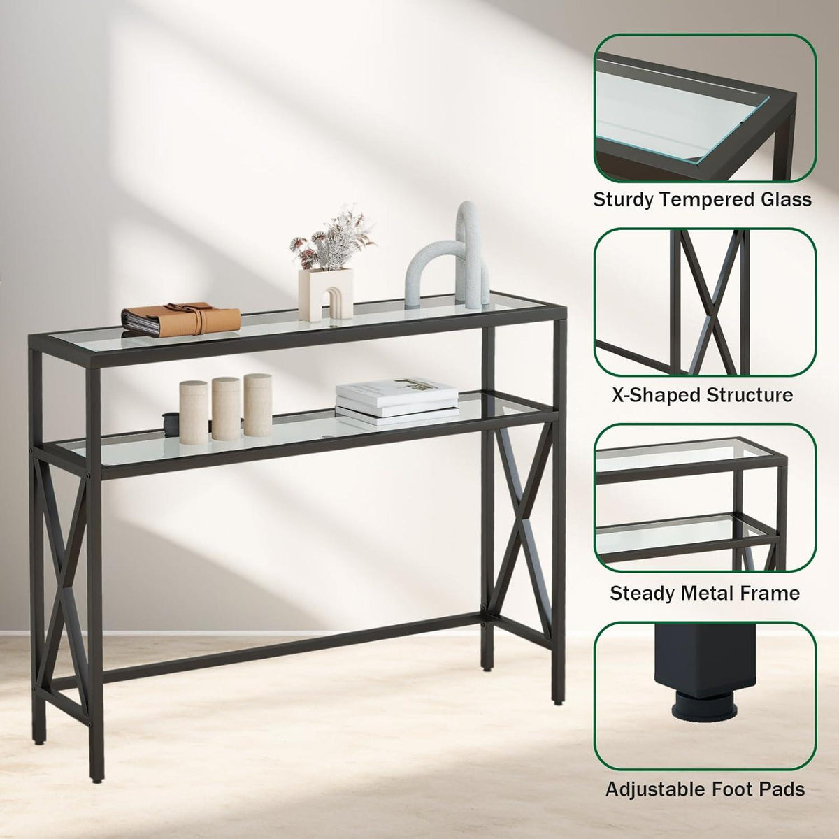 Glas Konsolentisch Industrieller Sofatisch mit Regalen 101x25x80cm Schwarz