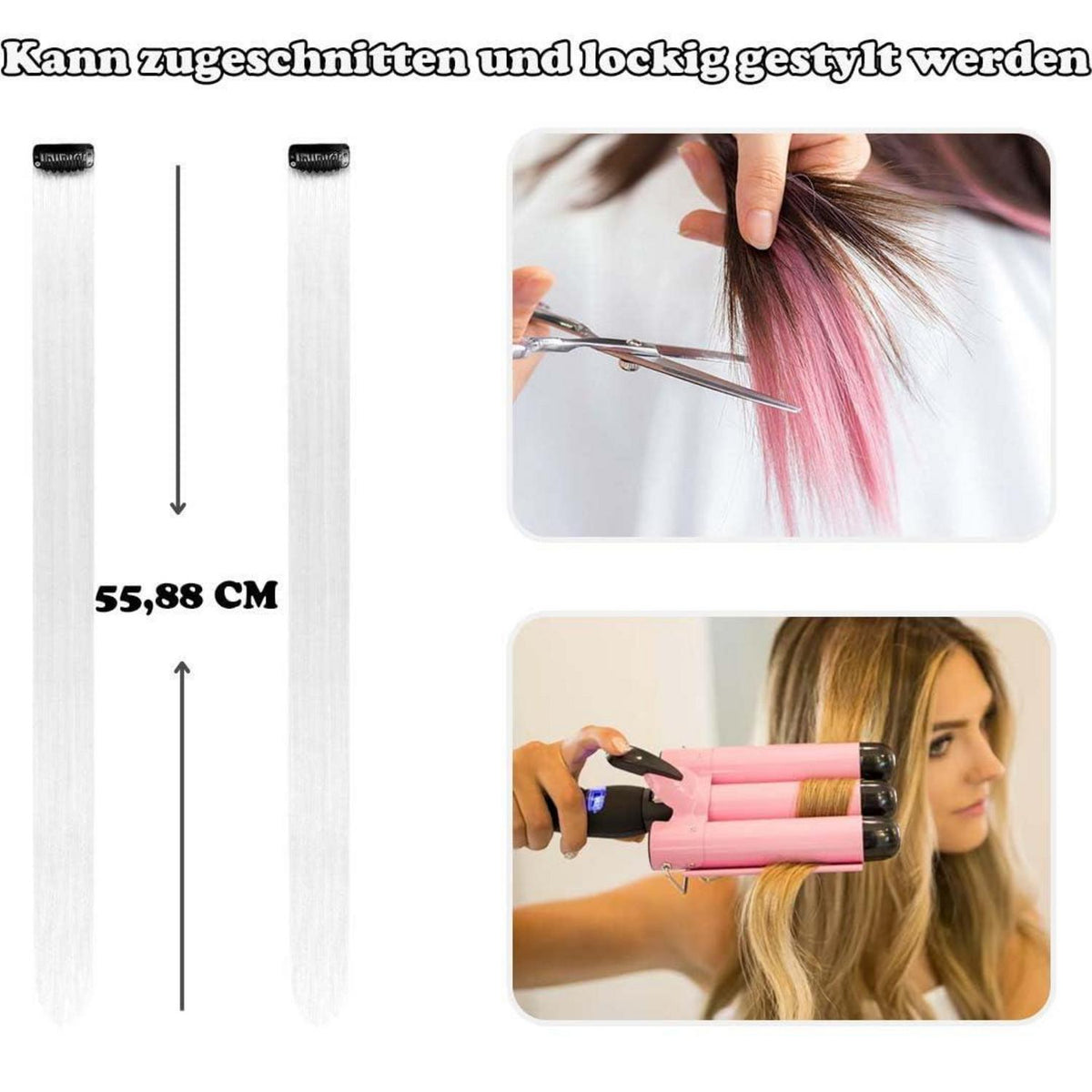 Clip-in Haarverlängerungen weiß, 12 Stück, 55 cm, hitzebeständig