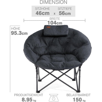 XXL Moonchair Campingstuhl mit Kopfkissen, 150kg belastbar, Schwarz