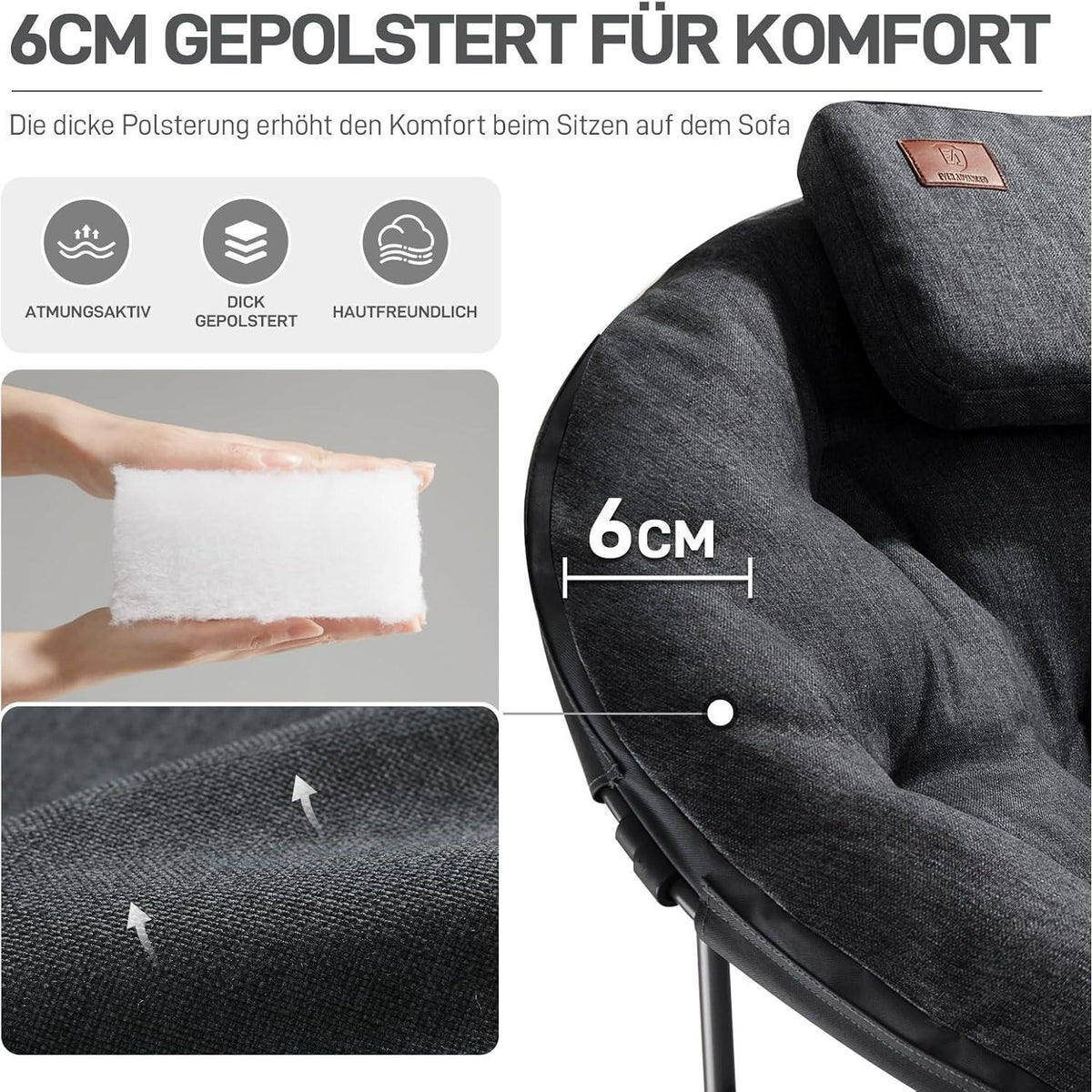 XXL Moonchair Campingstuhl mit Kopfkissen, 150kg belastbar, Schwarz