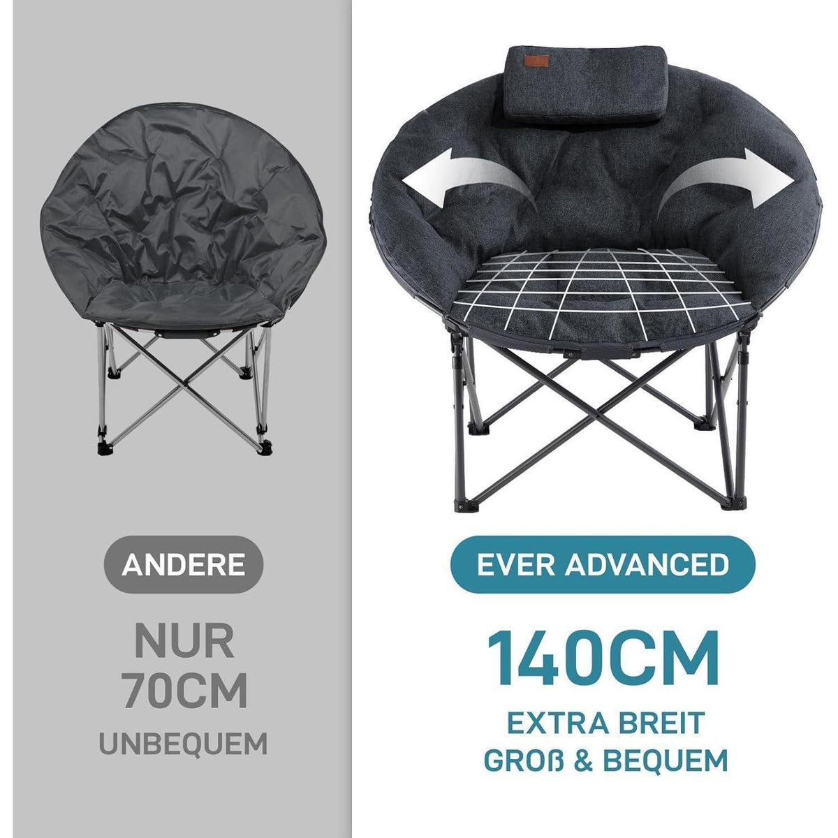 XXL Moonchair Campingstuhl mit Kopfkissen, 150kg belastbar, Schwarz