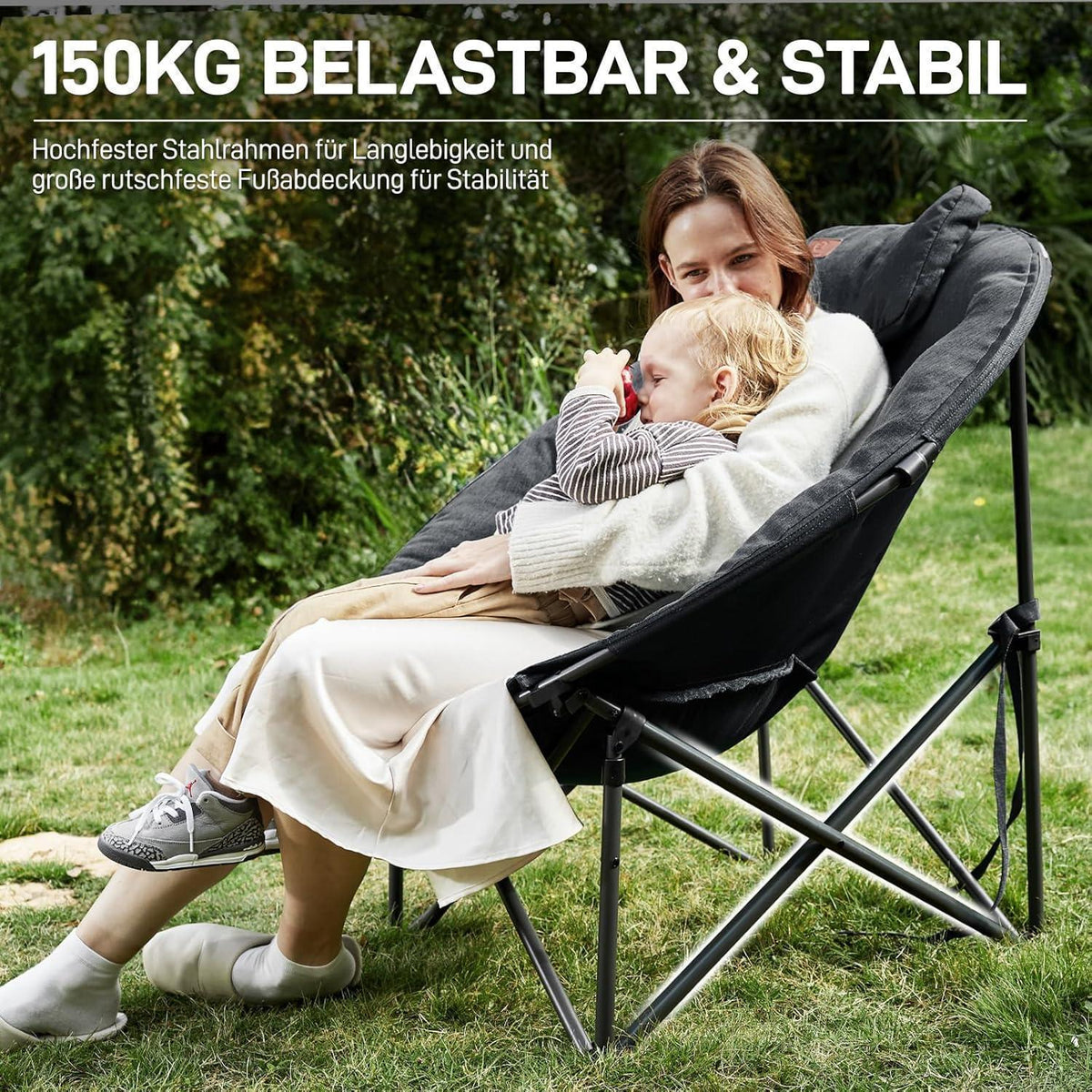 XXL Moonchair Campingstuhl mit Kopfkissen, 150kg belastbar, Schwarz