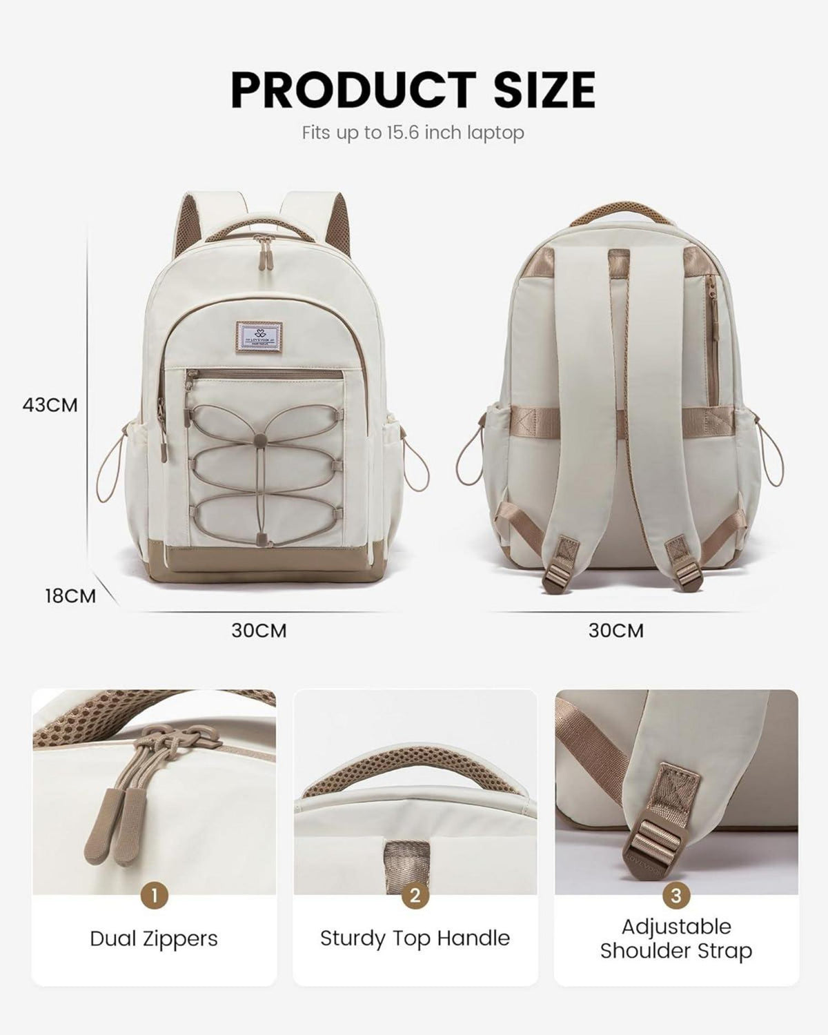 Schulrucksack Damen Herren 15,6 Zoll Laptopfach Beige